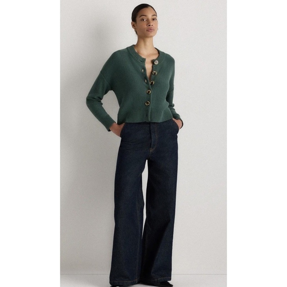 Quince Women 100% Organic Cotton Cropped Button Cardigan Big Sur Green Large NWT